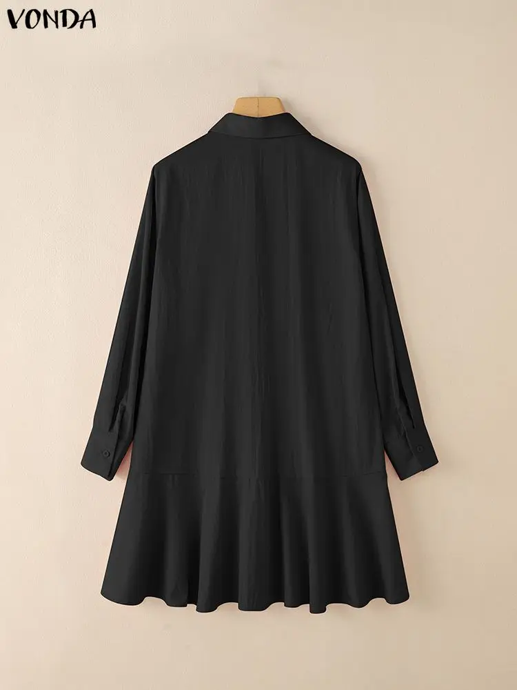 VONDA femmes chemise longue robes automne à manches longues couleur unie Robe boutons décontracté Mini Robe d'été 2025 revers ample à volants Robe