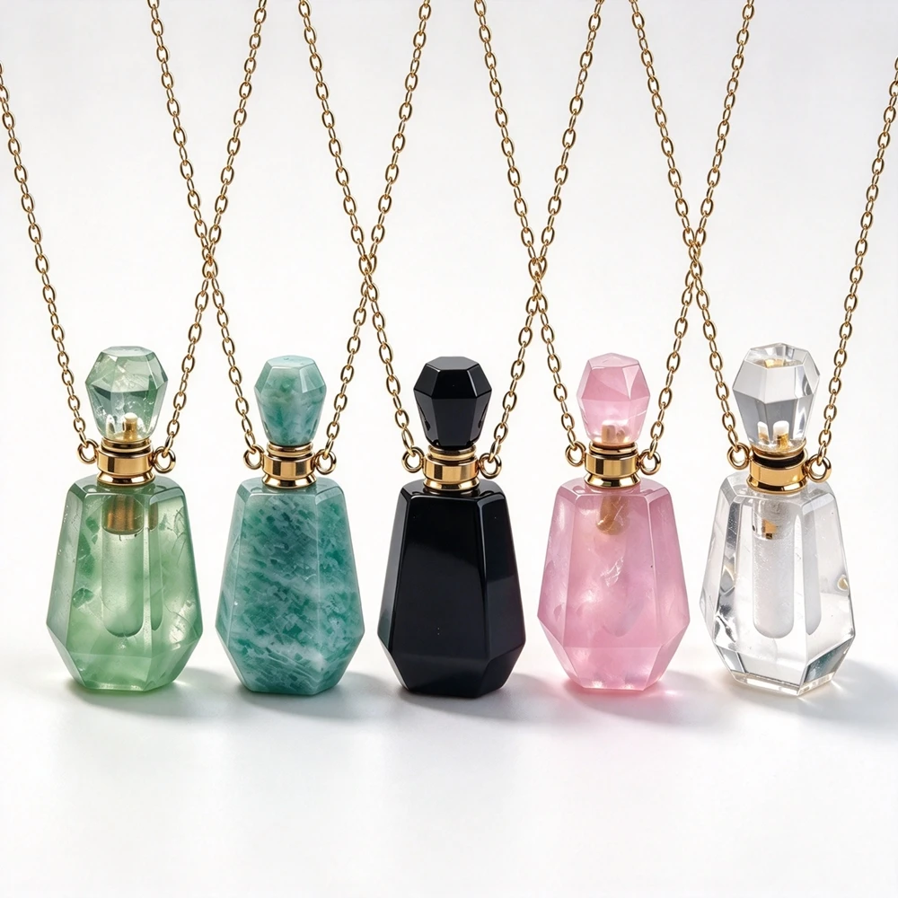 1PC Angular Cut Natural Rock Aroma Bottle Necklace Portable Fragrance Container Pendant Chain Golden Plated N2C1108