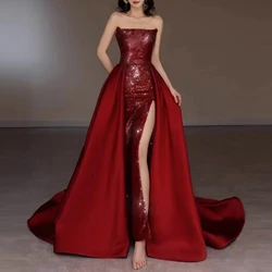 Customized Exquisite Strapless Luxury Shinny Slim Straps Vestidos Chic Spliced Satin Long Tail Formal Dresses Sexy Side High Spl