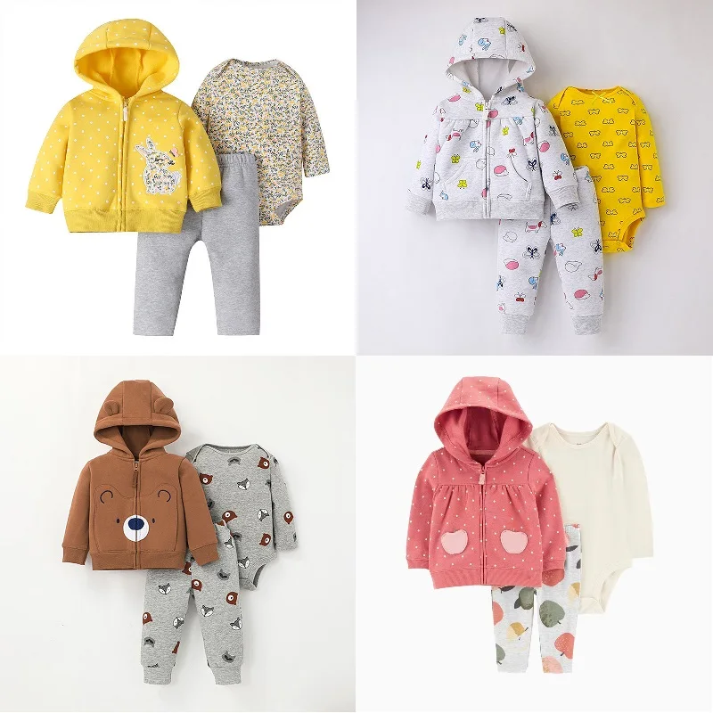 Newborn Infant Baby Girl Boy Clothes Sets Spring Autumn Cotton Long-Sleeve Hooded Coat+Romper+Trousers 3PCS Warm Kids Clothes