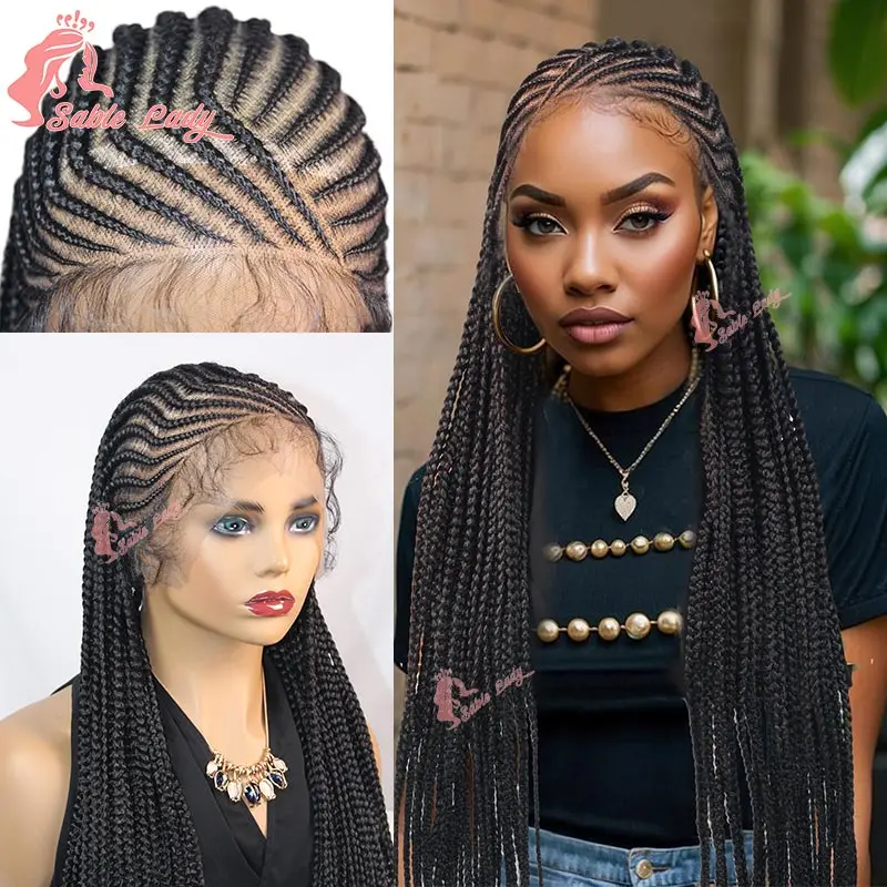 36 Inch Synthetic Handmade Cornrow Braids Wigs Transparent Full Lace Front Braided Wigs for Black Women Knotless Box Braided Wig