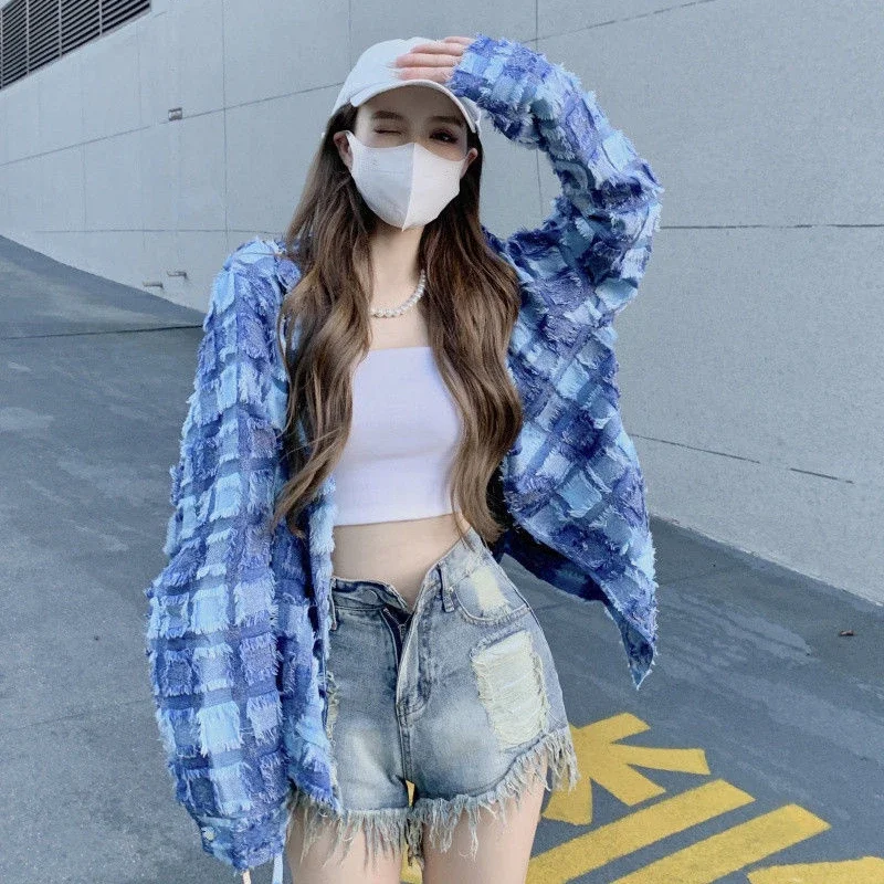 

Youthful Vitality Long Sleeved Blouse Chic New Oversize Graphic Sense Tassel Plaid Daily Turn-down Collar Single Breasted Jacket