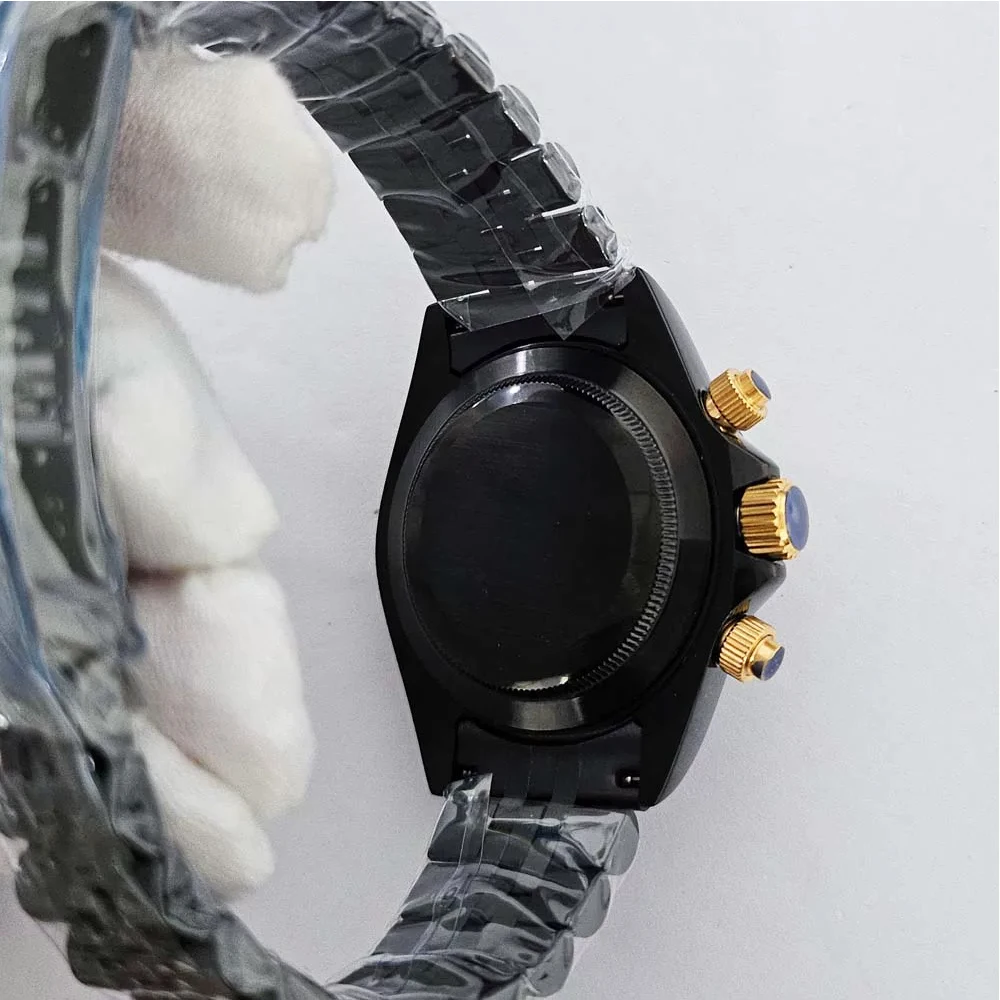 For VK63 Quartz Movement 39MM PVD Electroplated Watch Case Black Case Strap Set Sapphire Glass Cover VK63 Case And Bracelet