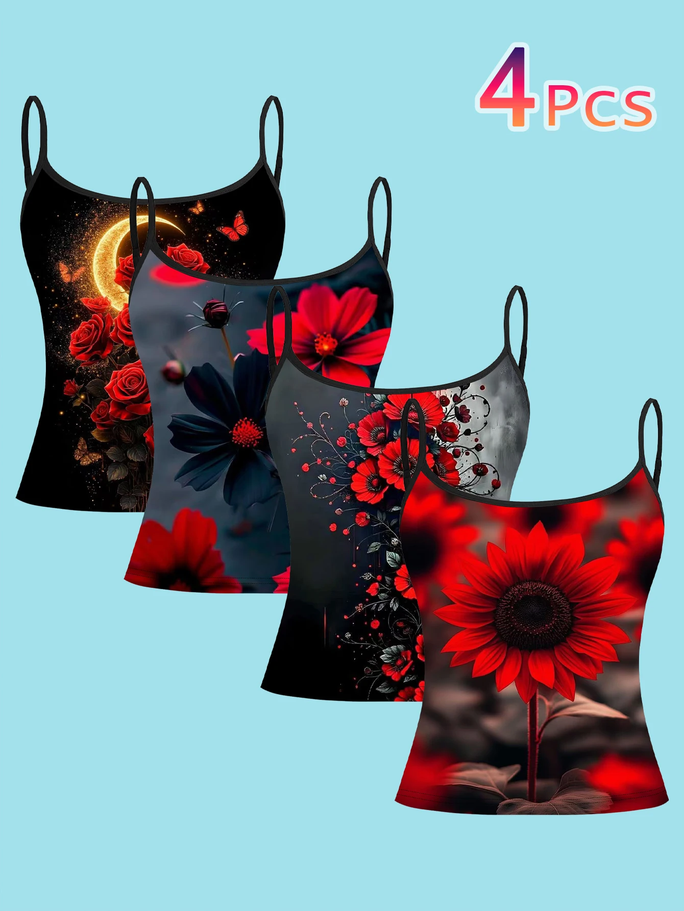 Women's 4-Piece Printed Camisole Set with Gold Waterdrop Black Gold Rose, Purple Metallic Thorn Rose, Silver White Glowing Heart Black Rose, Forest Flame Black Rose Patterns, Slim-Fit Sleeveless Outerwear Base Layer Tops