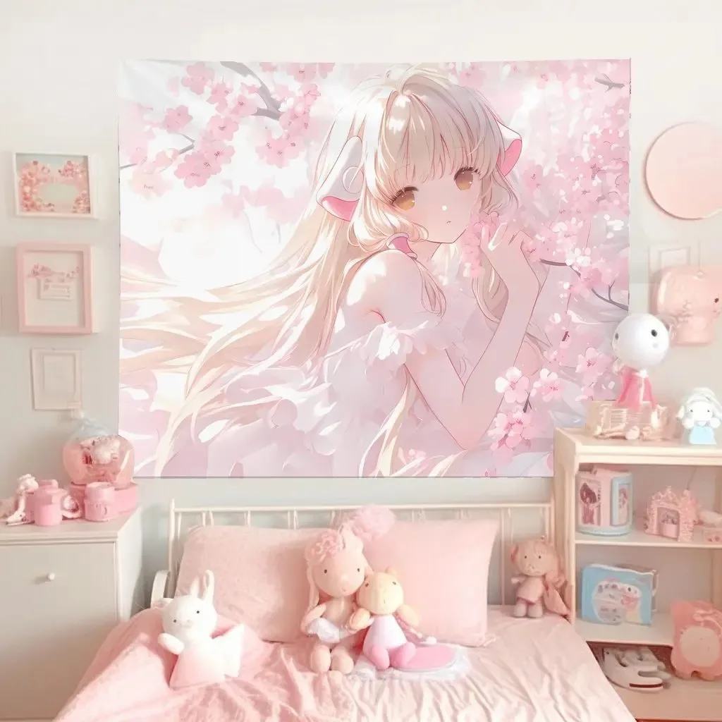 Anime Tapestry Wall Hanging Multiple Sizes HD Print Pastel Pink Desktop Girl Polyester Y2K Room Decor Pink Core Aesthetic Gift