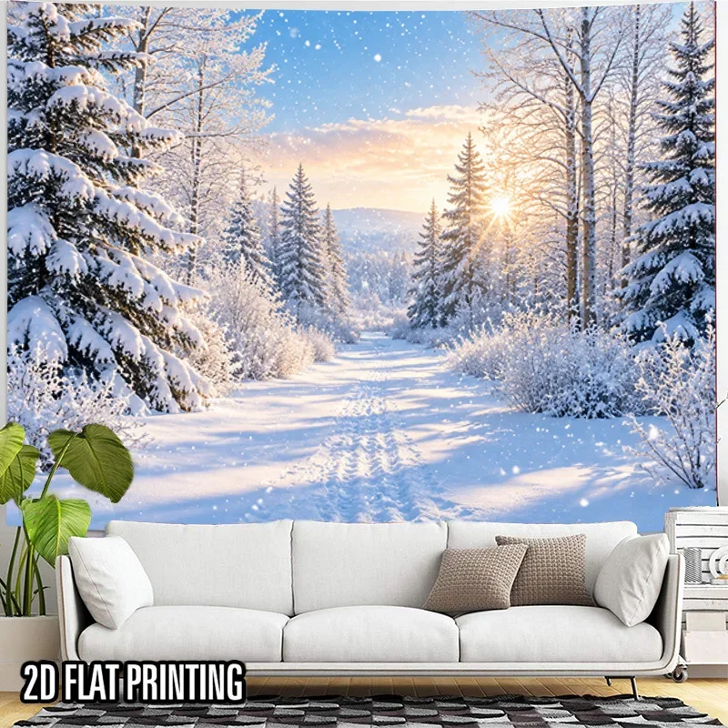 Snow Forest Tapestry, Snow‑covered Pine Trees Snow Trail Warm Sunset Winter Landscape Wall Hanging for Dorm Apartment Background