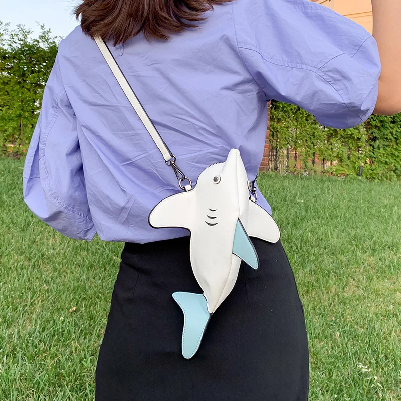 Fun Personality Cute Shark Design PU Leather Casual Shoulder Bag Tote Crossbody Mini Messenger Bag Handbag Clutch Bag Purse Flap