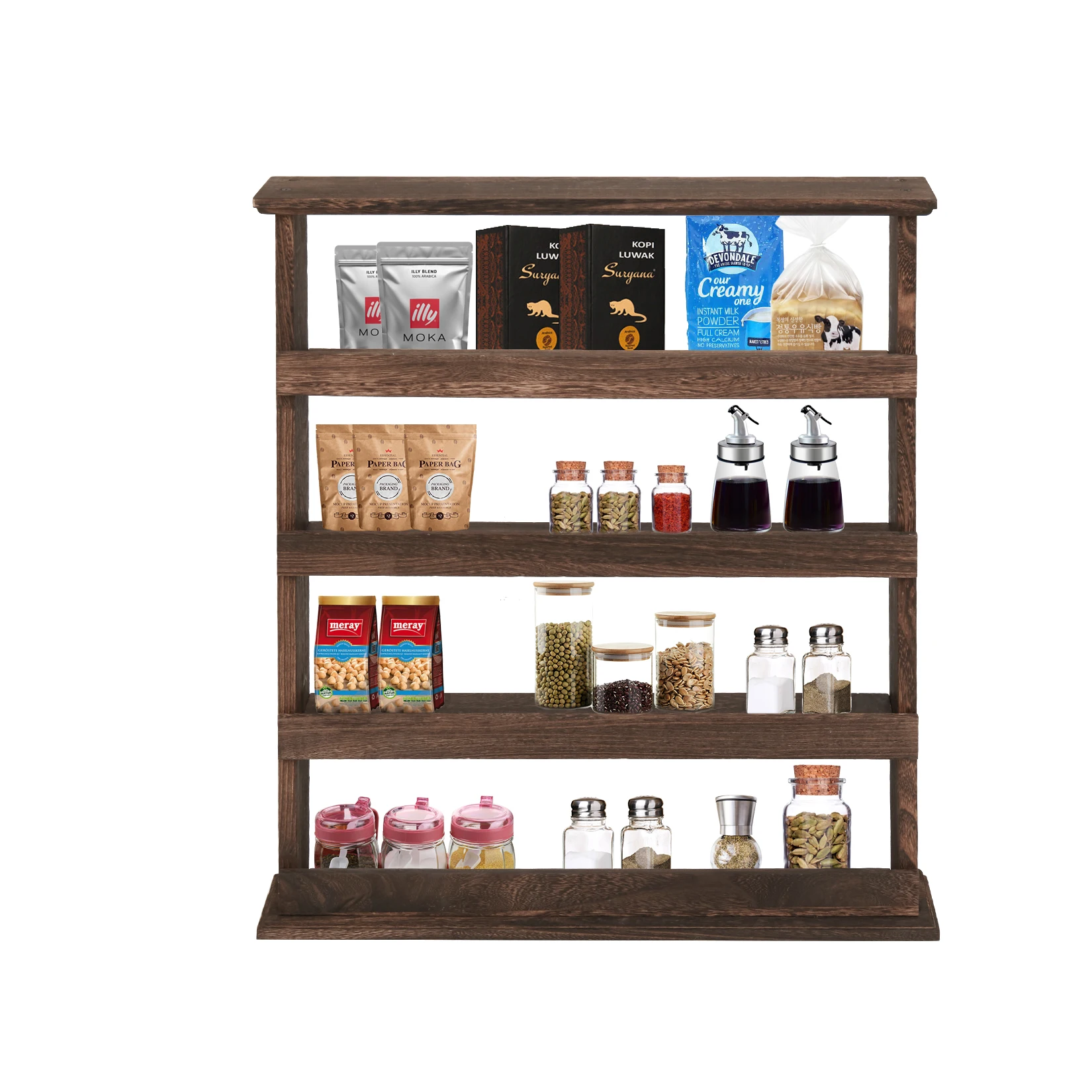 4 Tier Wood Spice Rack Desktop Wall Hanging Shelf Holder Kitchen Cabinet Flamed Organizer