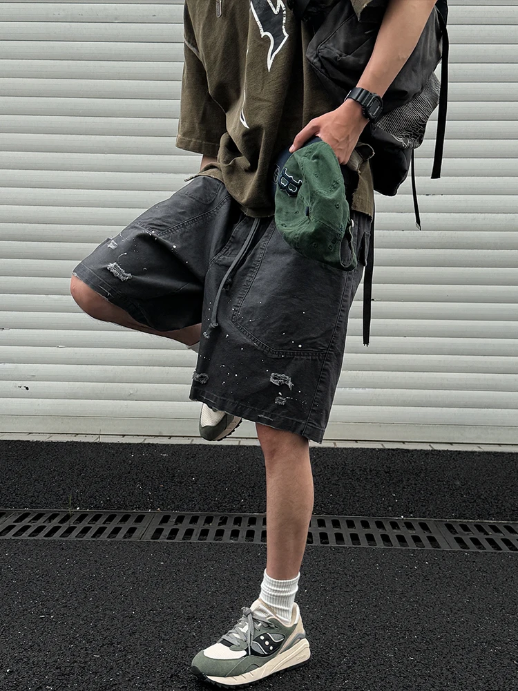 Japanese Vintage 100% Cotton Heavyweight Cargo Shorts Men Splatter Distressed Loose Fit Mid-Length Streetwear Summer Premium