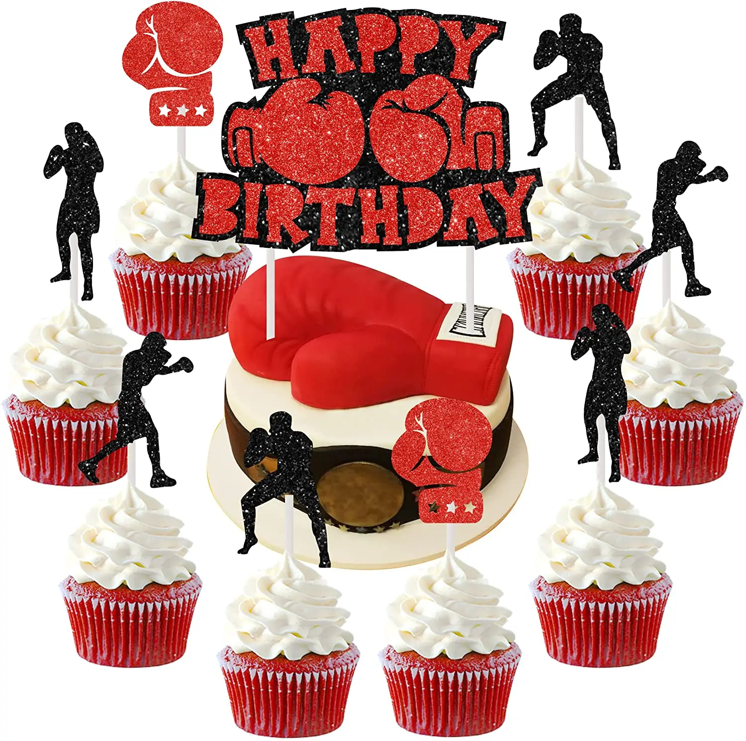 Cheereveal 25 PCS Boxing Cupcake Toppers Boxing Gloves Cake Topper Decorations Fight Sports Theme Birthday Party Supplies