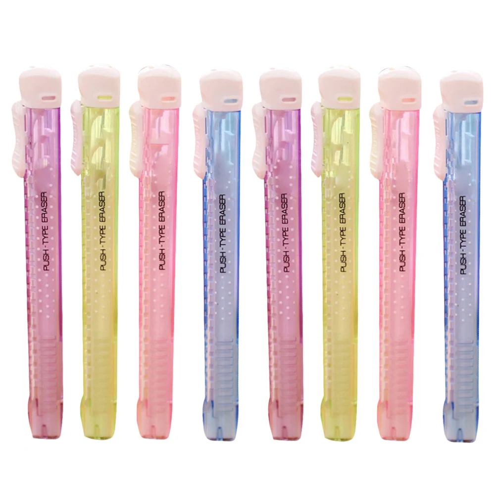 

8pcs Pen Shape Hand Press Erasers Funny Stationery School Supplies Office Accessories (Random Color)