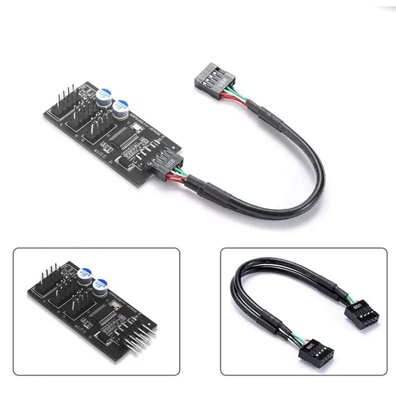 9Pin USB Hub Connector USB Splitter 1 To 3 USB2.0 9Pin Header Board Cable For Water Cooling For RGB LED Fan Speed Test Black-ABI