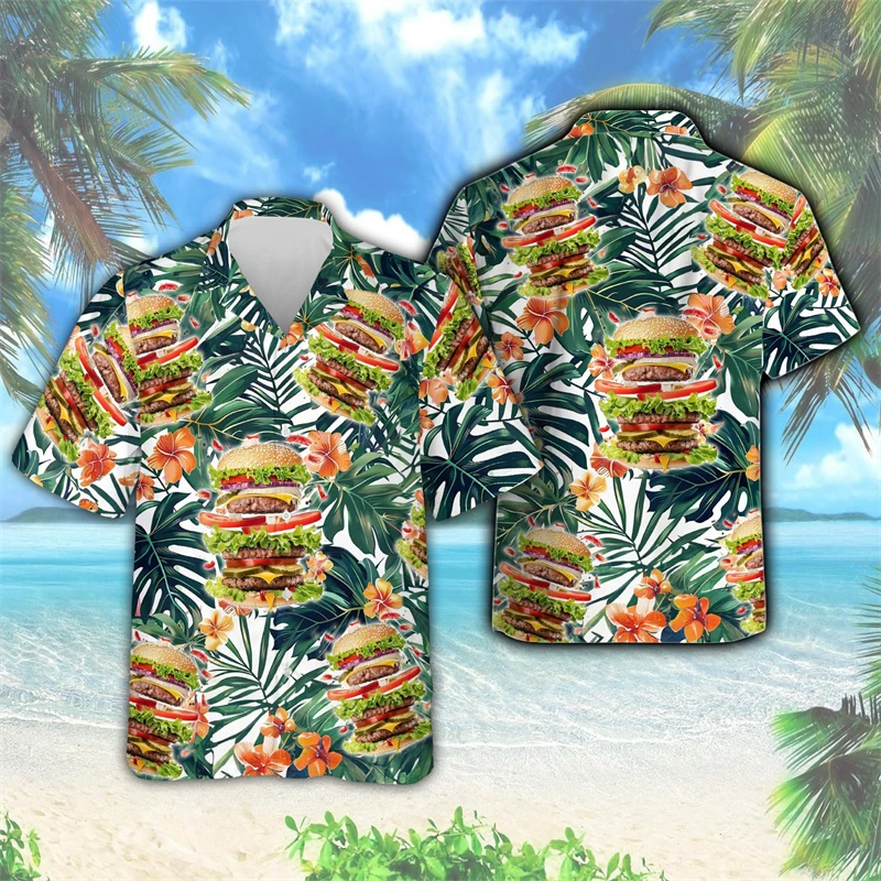 Fast Food Hamburger 3D Printed Shirts For Men Clothes Harajuku Fashion Summer Women Blouses Hip Hop Burger Lapel Blouse Male Top