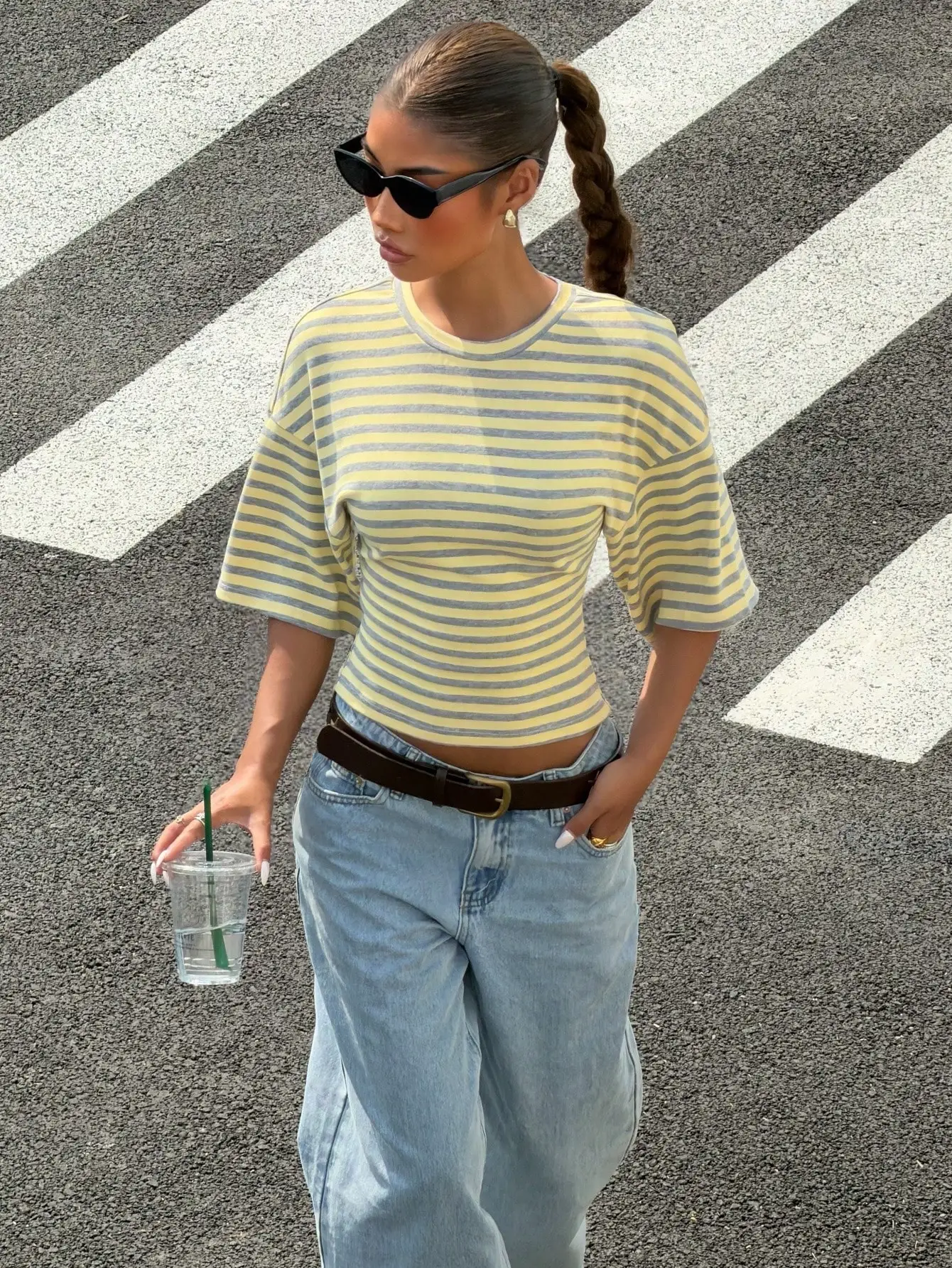 Summer Women's Casual Striped Knit T-Shirt Batwing Half-Sleeve Vintage Textured Waist Tie Casual Wear for Women