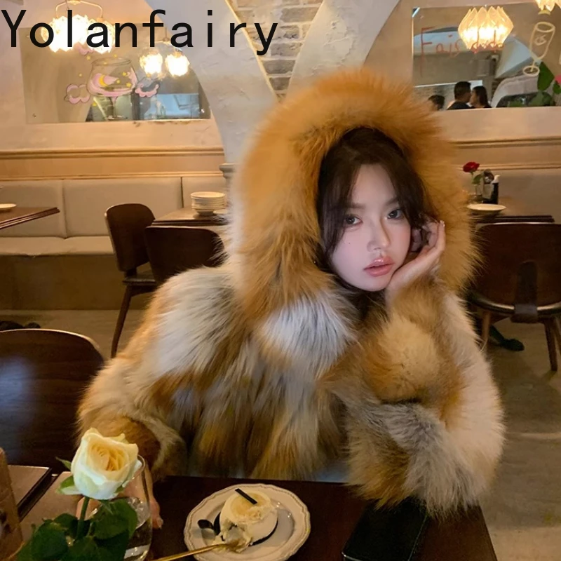 

YOLAIFAIRYОсенне-зимнее пальто из натурального меха лисы в корейском стиле, цельное теплое пальто с капюшоном и длинными рукавами, меховое пальто в пригородном стилешуба 2025