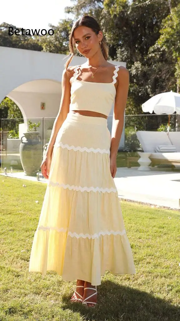 Women Two Piece Outfit Slash Neck Sleeveless Crop Top High Waist Maxi Skirt Textured Fabric Matching Set for Summer