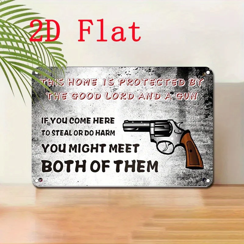 Funny Warning Tin Sign - Protected by The Good Lord and a Gun - Vintage Western Style Home, Office, Garage, Cabin Decor - Heav