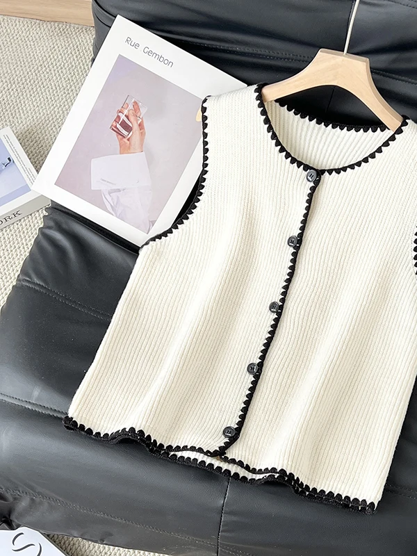 

Ladies Oversized Knitted Sweater Vest with Lace Trim Layering Top Vintage Style Color Block Design Single Button Closure