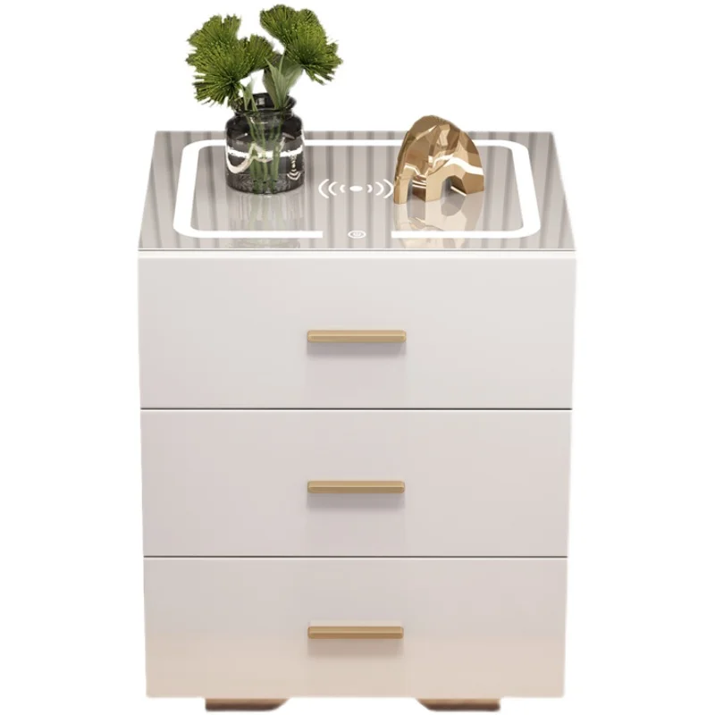 طاولة بجانب السرير ذكية ذات صمام ثنائي باعث للضوء باللون الأبيض شديد اللمعان مع 3 أدراج وشحن لاسلكي لأثاث غرف النوم #1