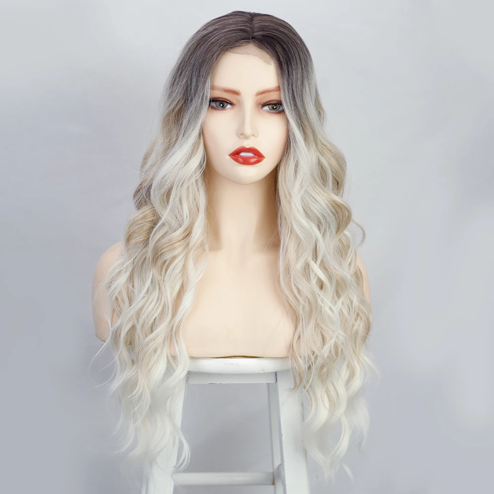 

Synthetic Long Blonde Wigs for Women 26 Inch Curly Wavy Wig Middle Part Small Lace Natural Looking for Daily Use