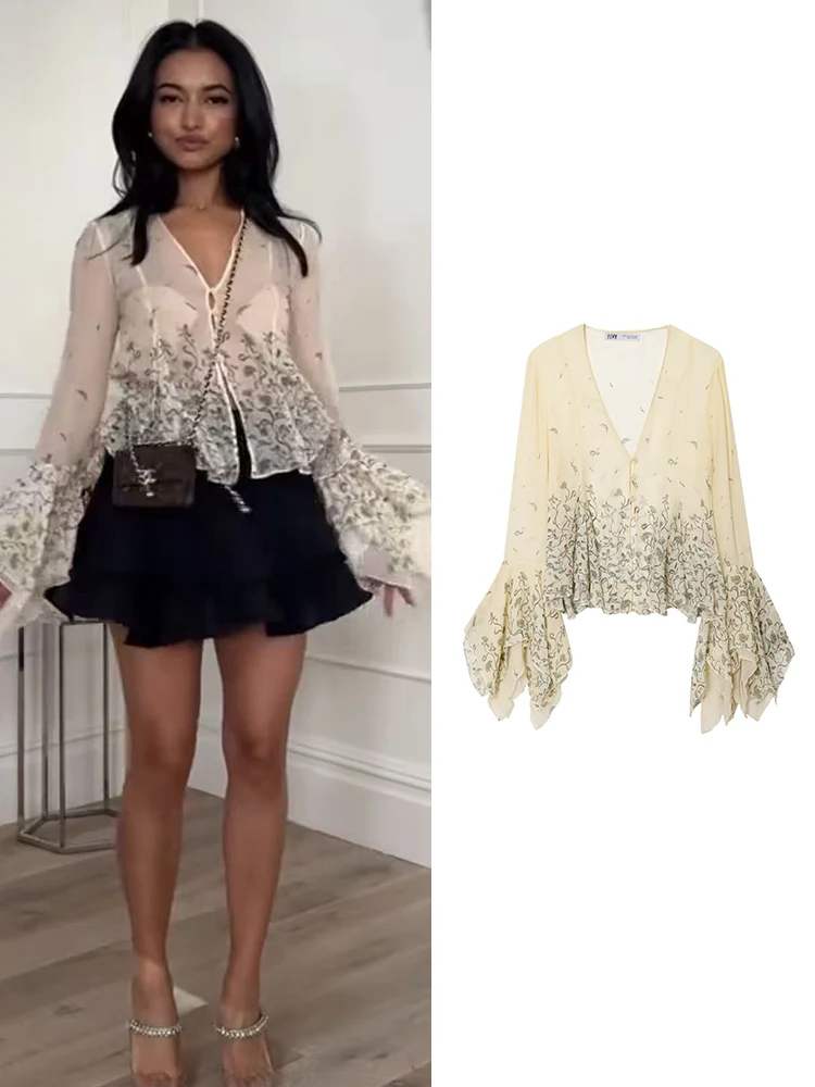 

TFMLN 2025 Новая женская блузка с принтом, модная прозрачная однобортная рубашка с расклешенными рукавами, элегантная женская уличная одежда с v-образным вырезом