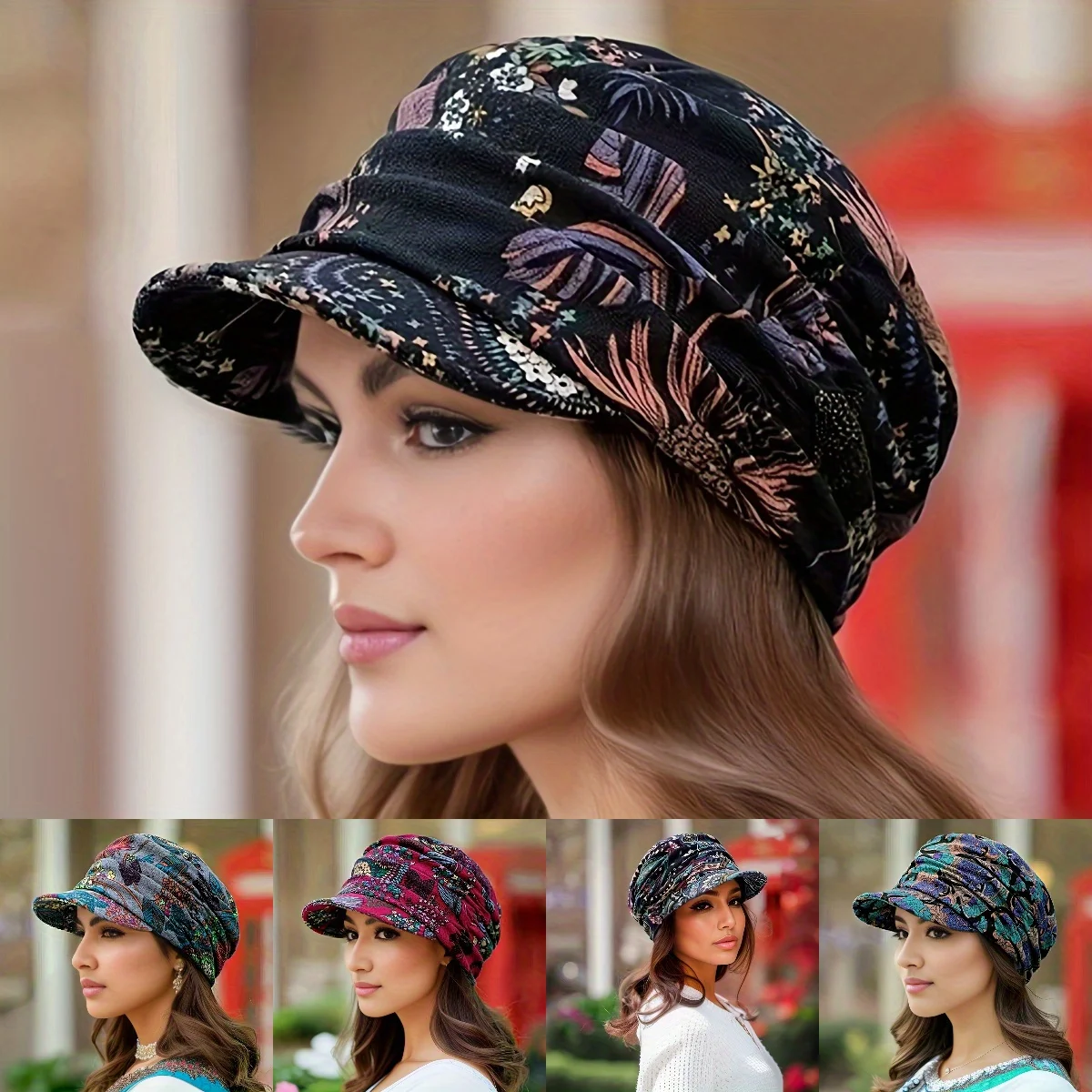 

Floral Print Peaked Cap Woman Comfortable and Soft Ear Protection Winter Hat Warm and Foldable Ethnic Style Short Brimmed Hat