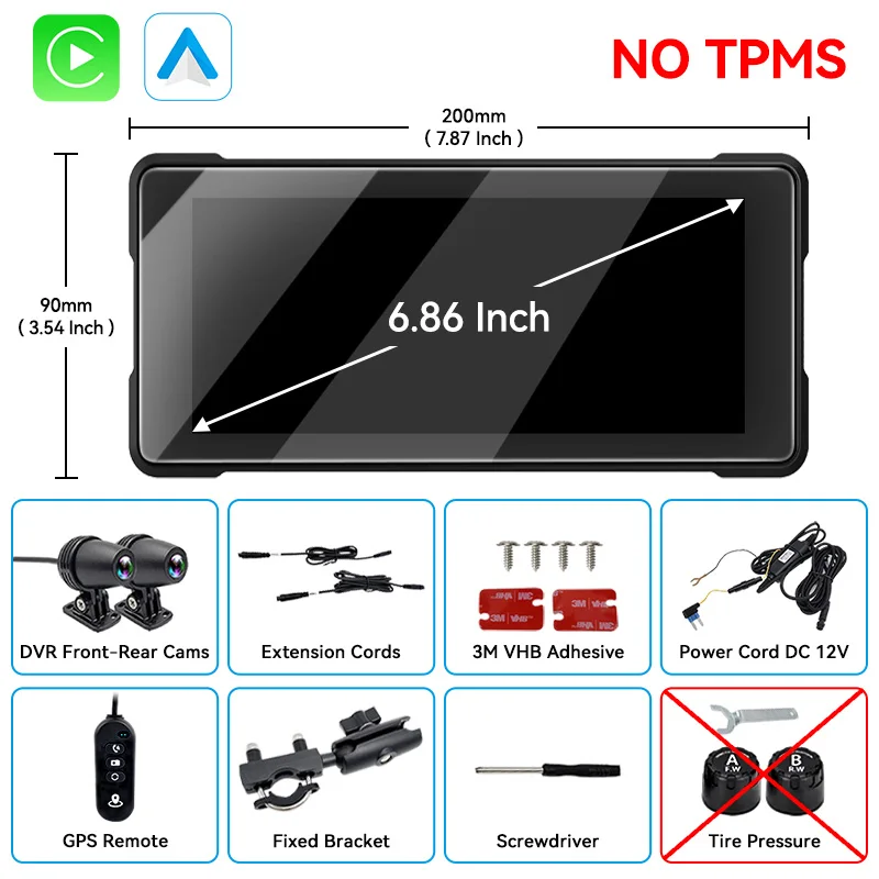 VENBES Motorfiets Carplay 6.86 Inch Draagbaar GPS Scherm IP67 Draadloos Carplay Android Auto Motorfiets Navigatie Waterdicht - afbeelding 1