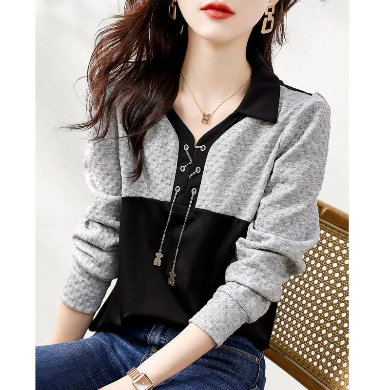 Autumn Fashion Trend Design Sense Splicing Contrasting Color Tie Up Long Sleeved Shirt Loose and Versatile Western-style Top