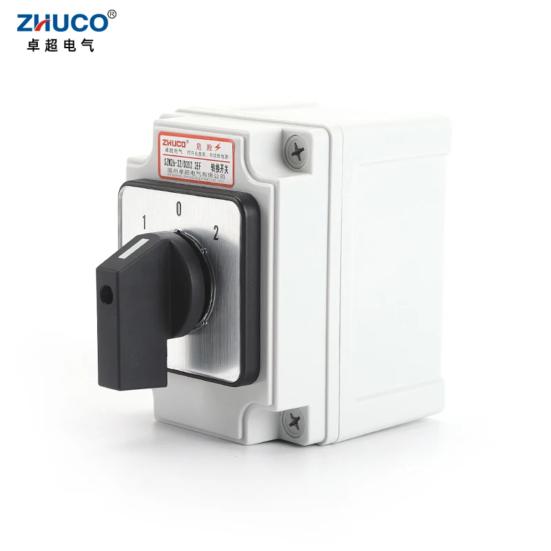 ZHUCO SZW26/LW26-32/D202.2EF 32A 3 Position 2 Phase 1 0 2 Panel Universal Changeover Rotary Knob Cam Switch With Waterproof Box