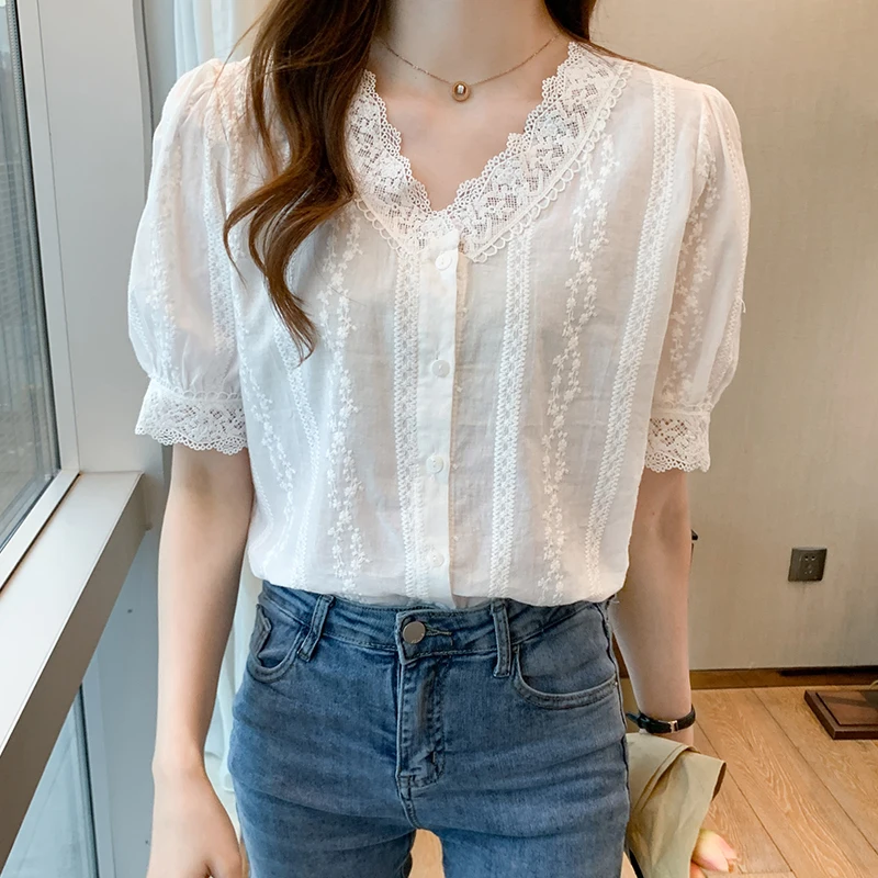 Summer Short Sleeve White Blouse Women Lace V-Neck Blouse Shirt Blusas Mujer De Moda 2024 Verano Women Tops Blouses Shirts F452