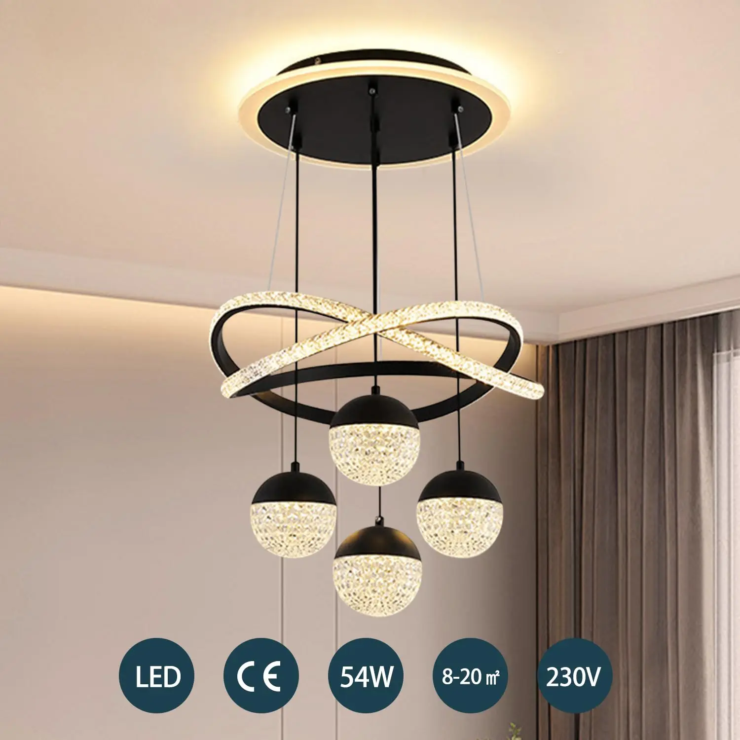 LED Pendant Light Crystal Dimmable Hanging Lamp Dining Table 54W LED Pendant Light Decor Height Adjustable with Remote Control