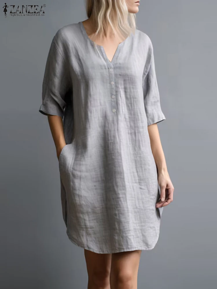 ZANZEA Vintage 3/4 Sleeve Loose Robe Women Shirt Dress 2024 Summer Casual V-Neck Vestidos Solid Color Knee-length Sundress Femme