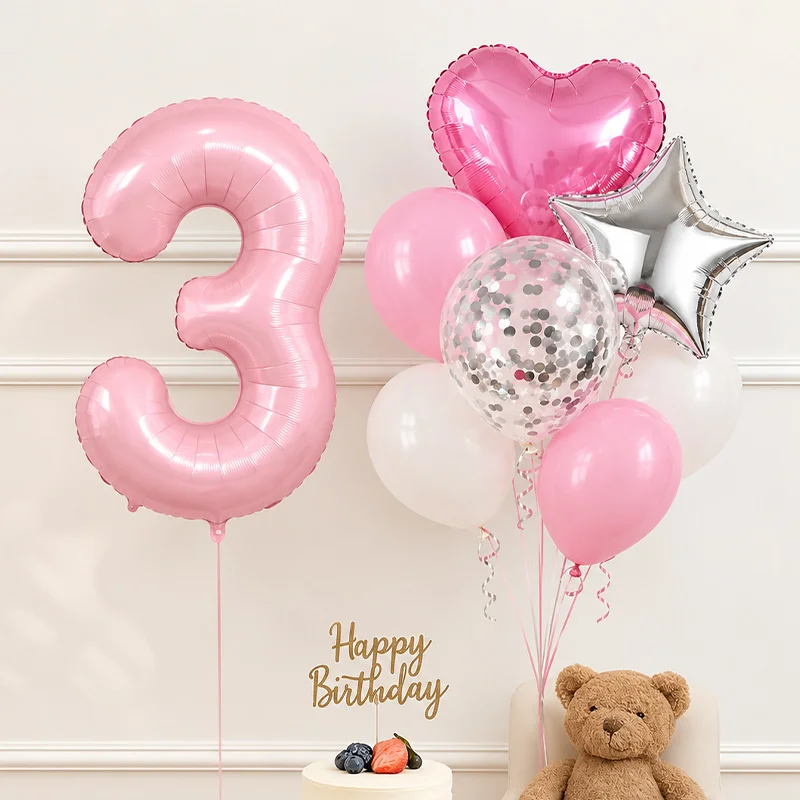 8pcs Pink Birthday Party Decor Set Love Heart Star 32inch Silvery Number Balloon 1-9 Kids Adult Baby Shower Anniversary Supplies