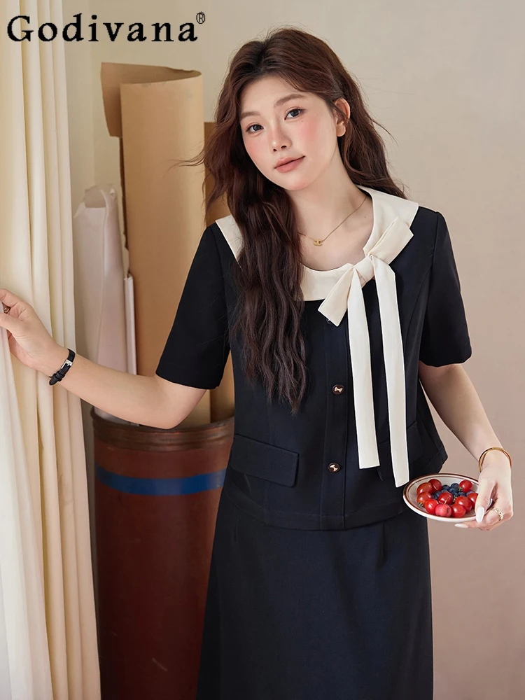 

Large Size Unique Beautiful Women's Summer 2025 New Bow Black Top Fashion Versatile Commuter Daily High Waist A-line Skirt
