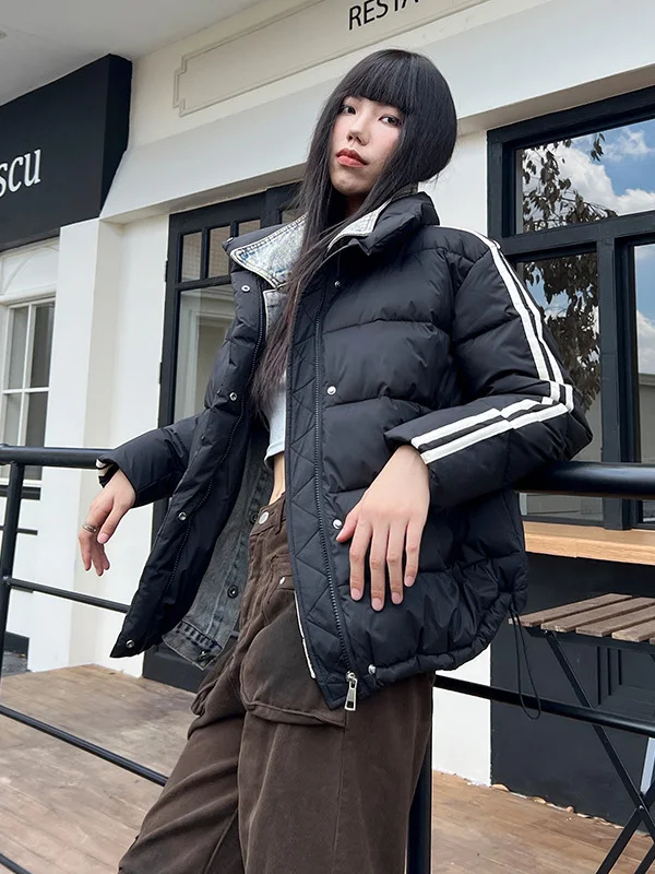 

Американский джинсовый воротник со сращенными джинсами, хлопковое джинсовое пальто, женское зимнее новое свободное теплое пальто с хлебом, верхняя одежда