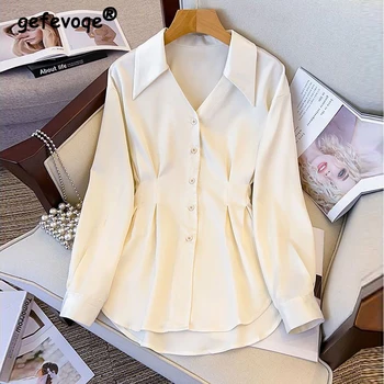 Kadın Giyim 2024 İlkbahar Sonbahar Kore Moda Zarif Düzensiz Düğme Gömlek Ofis Bayan Ruffled V Yaka Uzun Kollu Bluzlar