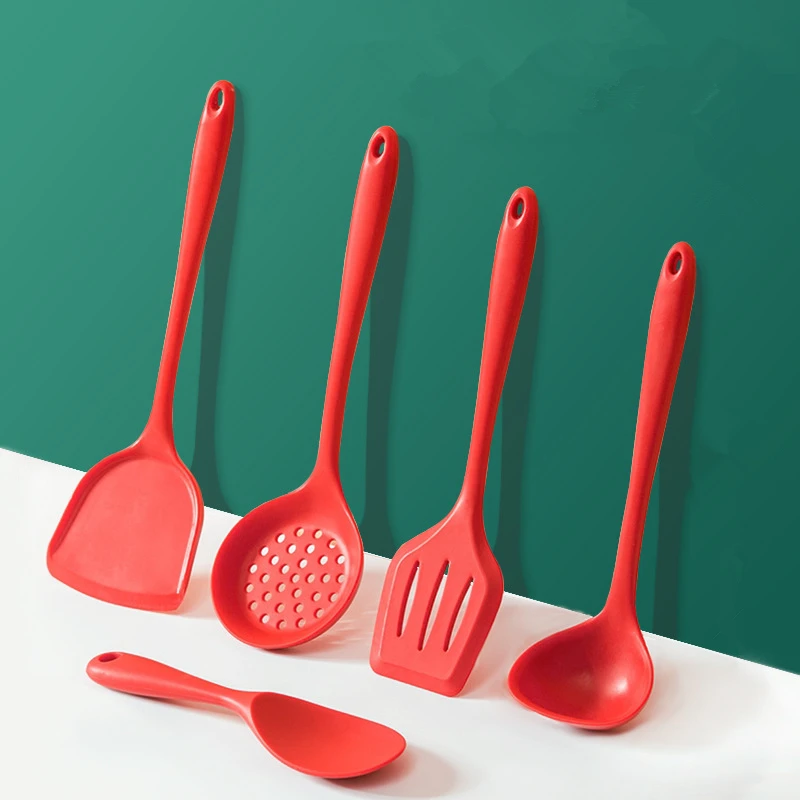 Food Grade Silicone Spatula Soup Spoon Non-stick Heat Resistant Shovel ​Cooking Set Kitchen Accessories Red Household