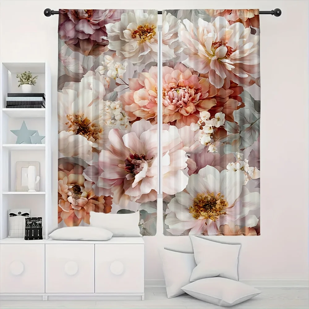 2pc Elegant Floral Peony Watercolor Curtains Blush Pink Living Room Curtains Aesthetic Sheer Panel Home Decor Curtain for Window
