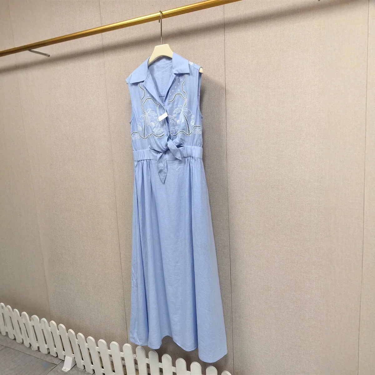 

Spring Summer 2026 Long Floral Embroidery Shirt Collar Waist Cinched Dress French Style Medium Softness Viscose Cotton Blend