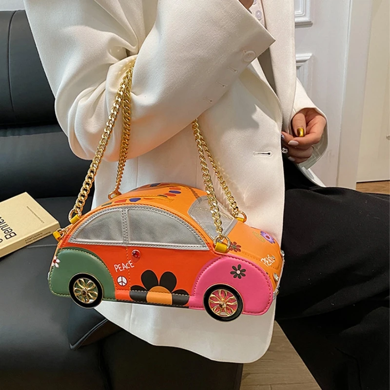 

Vintage Car Style Bag Purses and Handbags for Women Stitching Color Chain Shoulder Bags Party Clutch Female Shopping Totes