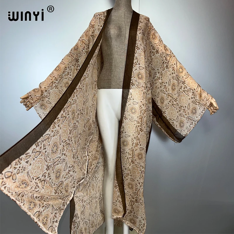 WINYI bohemian พิมพ์กิโมโน elegant kaftan beachwear maxi เสื้อสเวตเตอร์ถักชุดยาว abaya ดูไบหรูหรา cover-ups ชุดชายหาดผู้หญิง