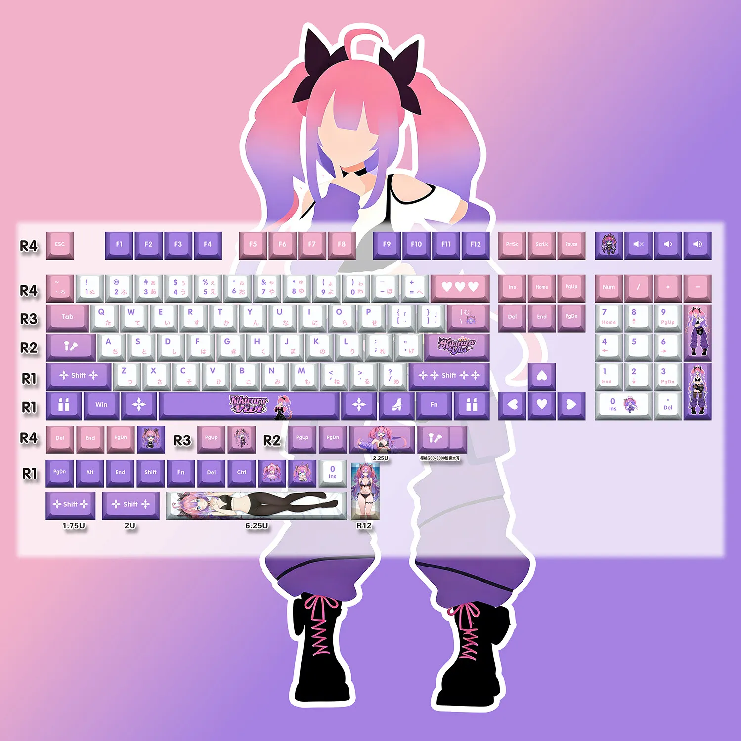 Kikirara Vivi 128 Key Cap Vtuber PBT DYE Sublimation Cherry MX Cross Axis Switch Keycap for Mechanical Keyboard Game Otaku Gift
