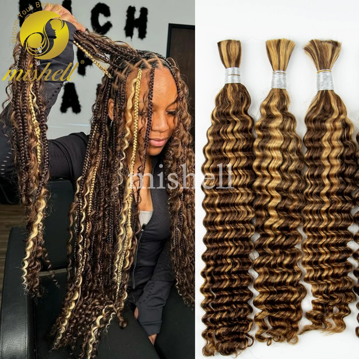 Cabelo Humano de Onda Profunda para Trança, Massa para Trança, Pacote de Cabelo Virgem 100% Não Transformados, Sem Trama para Trança Boho, Destaque, Ombre, 26 in, 28in, 4 in, 27 in