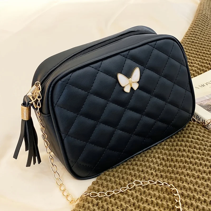 Kameratasche mit Rautenmuster und Kette, modische Stickerei, kleine Umhängetasche, 1er-Pack