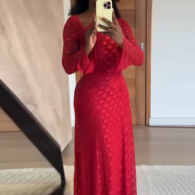 Vestido de manga larga con cuello Diagonal para mujer, vestido largo plisado ajustado con estampado de lazo y cintura alta para ir al trabajo, primavera