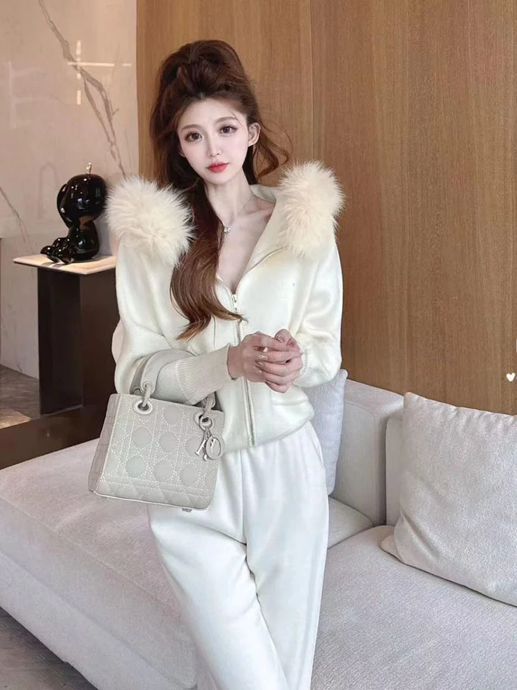 Ladies Thiened Knitted Coat with Fur Collar Spring Autumn New Faion Slimming Hooded Top Women's ort Outerwear