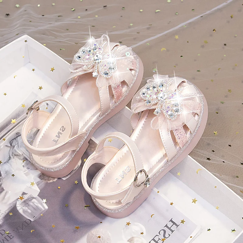 

New Beach Girls' Shoes for Kids Fashion Rhinestone Bow Children's Sandals Soft Flat Heels Summer Sandals Princess Shoe 10 Year