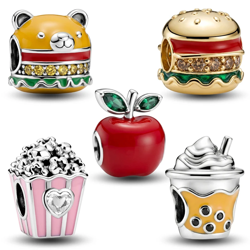 925 Sterling Silber Mode Personalisierte Burger Apfel Popcorn Charms Perlen Passend für Original Armbänder Armreifen Feiner Schmuck Geschenk