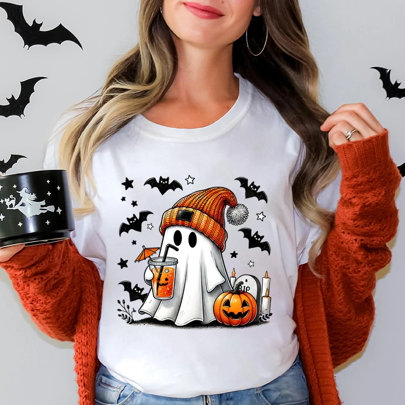 Halloween Ghost Pumpkin Bat Print Summer Casual T-shirts For Women O Neck Short-sleeved T-shirts Halloween T-shirt