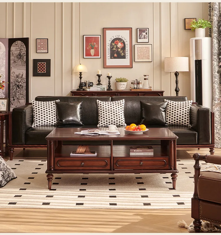 LMM solid wood sofa living room American retro 2.8m four-person straight row first layer cowhide